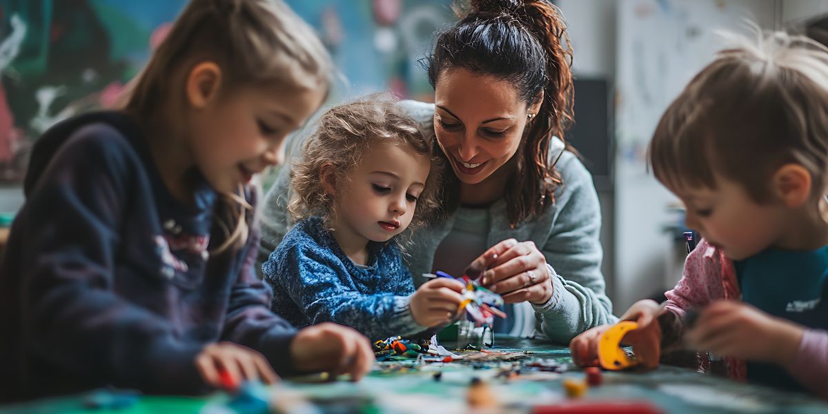 Família reunida fazendo artesanato sustentável com materiais reaproveitados
